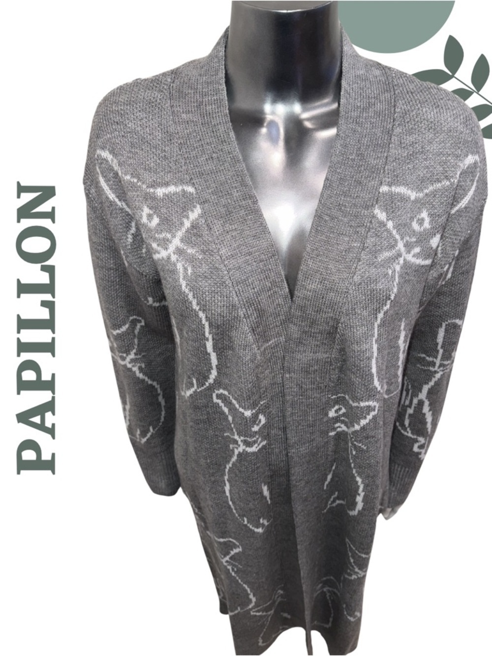 Papillon Cat Knit Cardigan Grey Long Duster Medium NWT - Picture 6 of 8